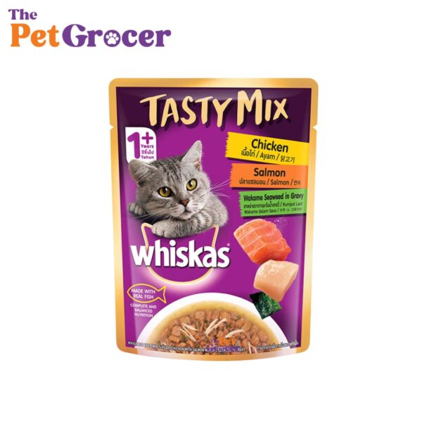 Whiskas Pouch Adult Tasty Mix Chicken, Salmon,Wakame Seaweed in Gravy 70g