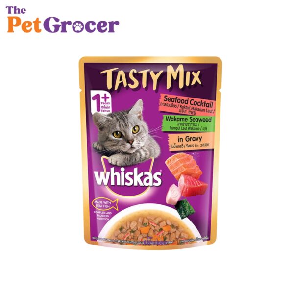 Whiskas Pouch Adult Tasty Mix Seafood Cocktail and Wakame Seaweed in Gravy 70g
