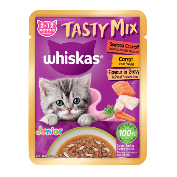 Whiskas Tasty Mix Kitten Seafood Cocktail, Carrot in Gravy 70G